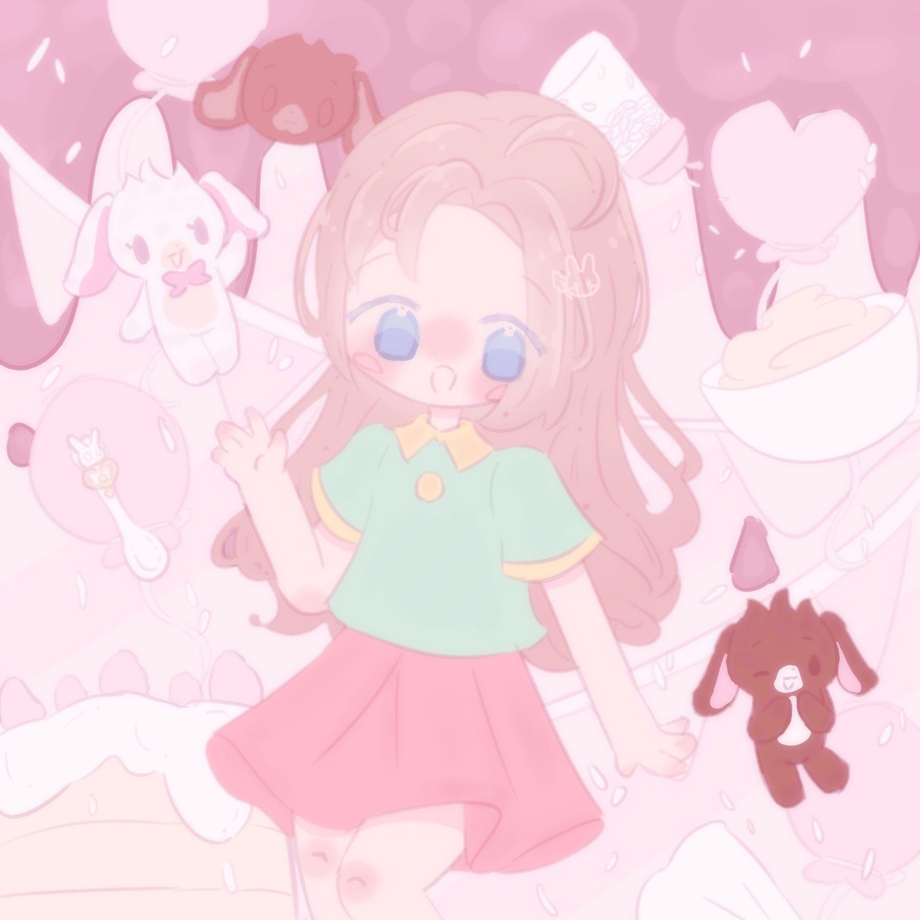 An illustration of the characters 'Sophia Cherbourg', 'Kurousa' and 'Shirousa' from the anime 'Sugarbunnies'. Both Shirousa and Sophia are waving and smiling. Kurousa has his paws close to his face and is winking. Behind them is a cake, batter, balloons, a sprinkle shaker and sprinkles.