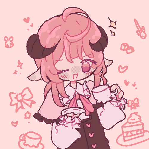 An animated GIF of stvrwish's character drawn in a pixel style. He is holding a cup of tea and is winking.