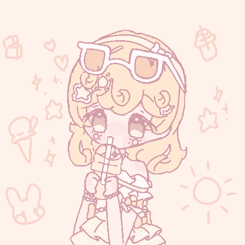 An animated GIF of my original character who is based off sunny weather drawn in a pixel style. She is drinking a slushie