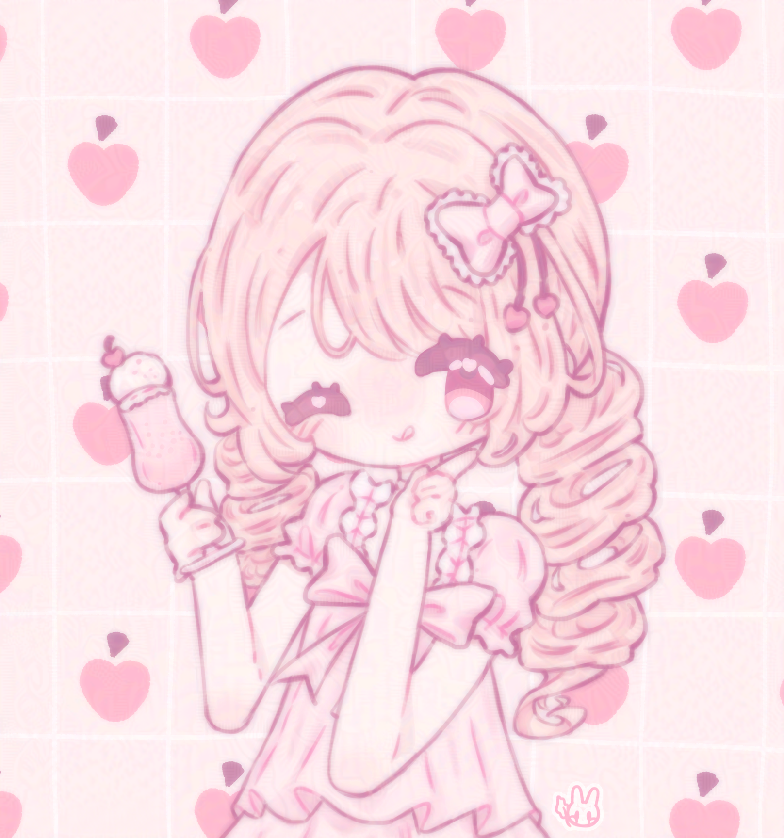 An illustration of t5uu's (on discord) character. They are holding a soda float drink and are have their hand up to their face and are winking.