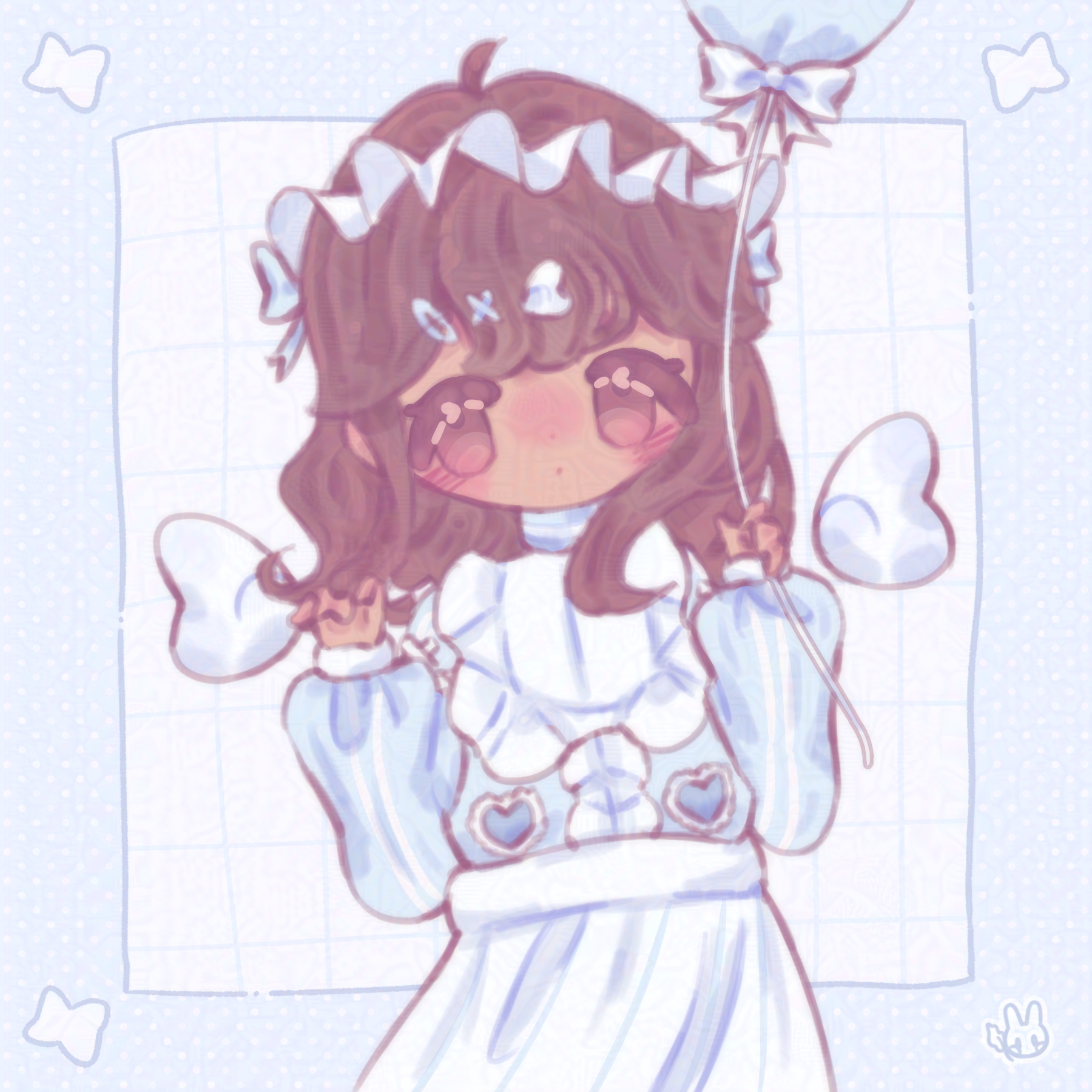 An illustration of my original character. She is looking to the side and is holding a balloon.