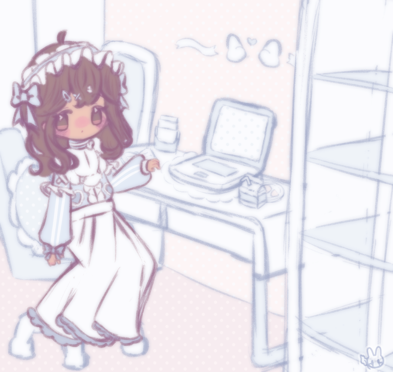 An illustration of my tenshi kaiwai themed original character drawn in a chibi style. She is sitting in her bedroom at her desk.