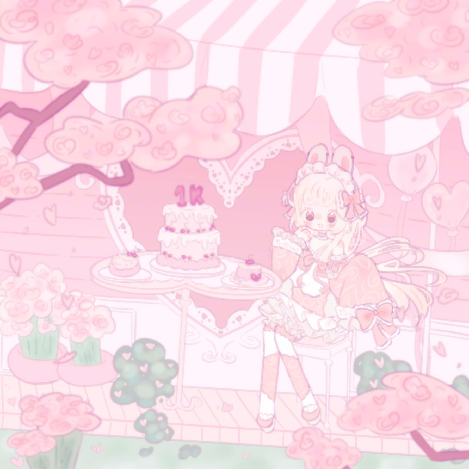 An illustration of raspberryspongecake's (on tiktok/discord) character. They are sitting next to a shop and are smiling and holding their hand up to their face. In front of them is a table with some desserts and cake with candles that say '1 K'. There are some pink plants and bushes with pink petals on them. In the foreground, there are some trees with pink leaves and some pink flowers.