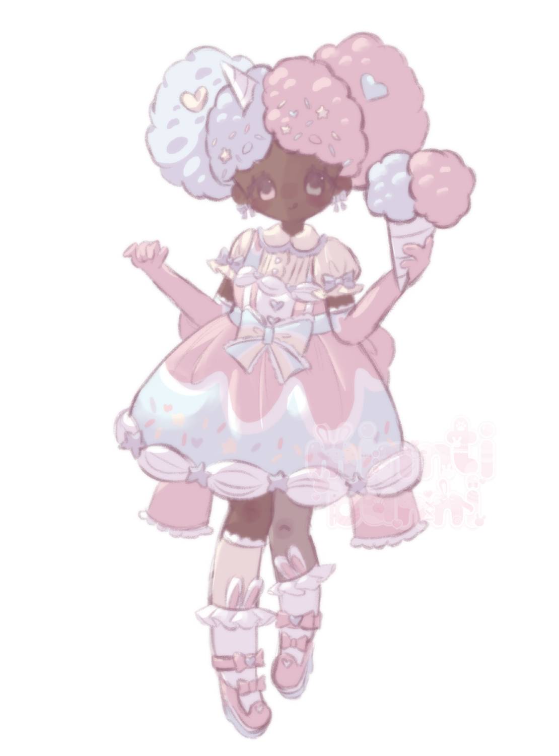 An illustration of vampirikei's character. They are holding some candy floss and are sticking their tongue out.