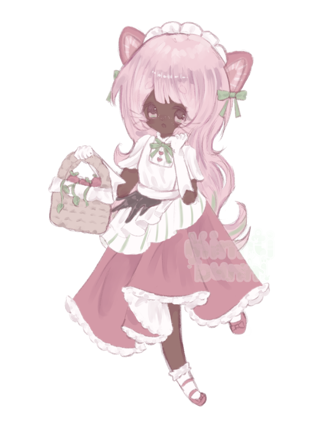An illustration of vixiiart's character. They are holding a basket filled with strawberries in their hand and have their other hand up to their face and are smiling.