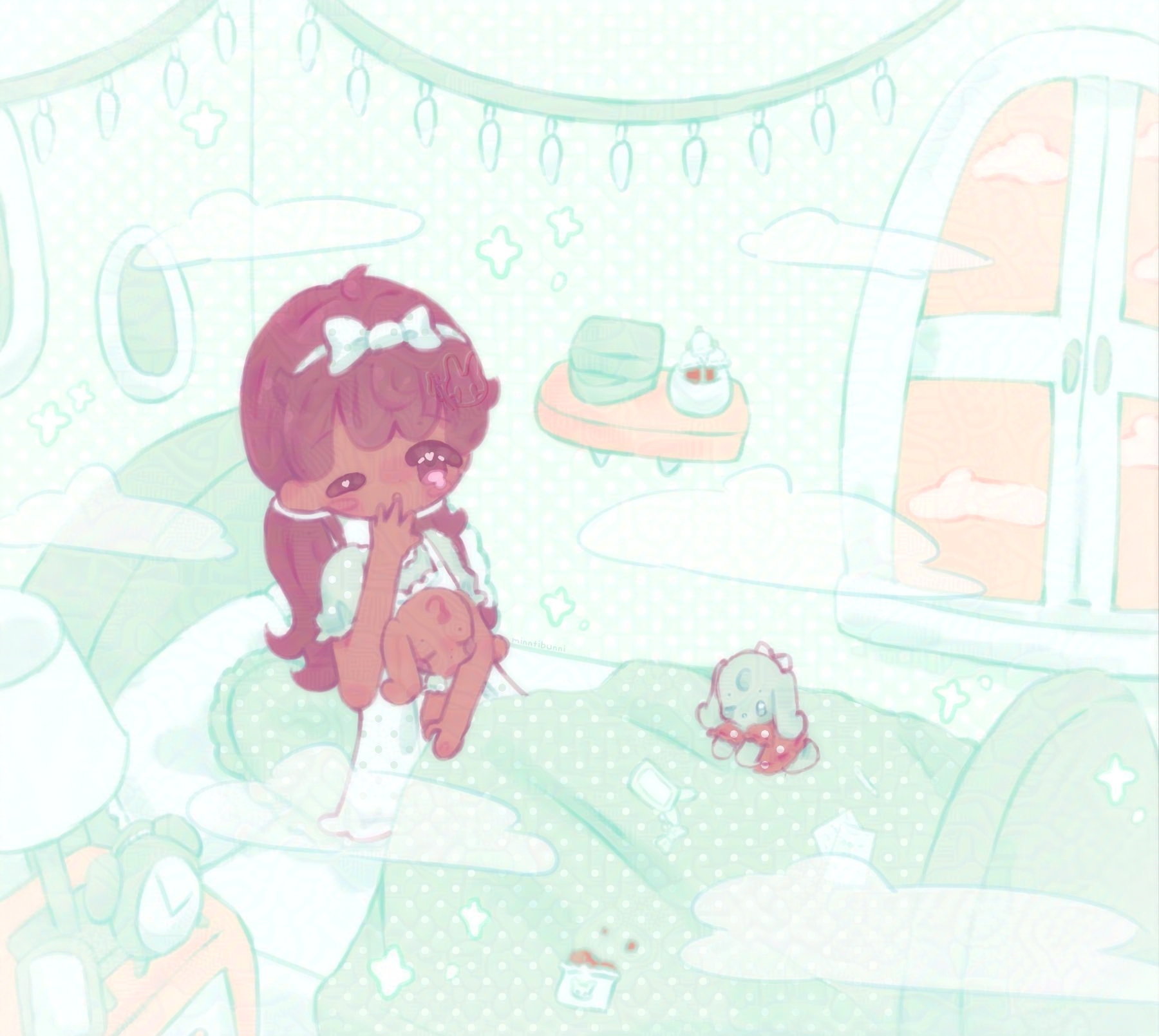 An illustration of the mayor in her bedroom. She is yawning and covering her mouth with her hand. She is holding the mintbunny Chocola Chip with her other hand and Minty Milk is on her bed.