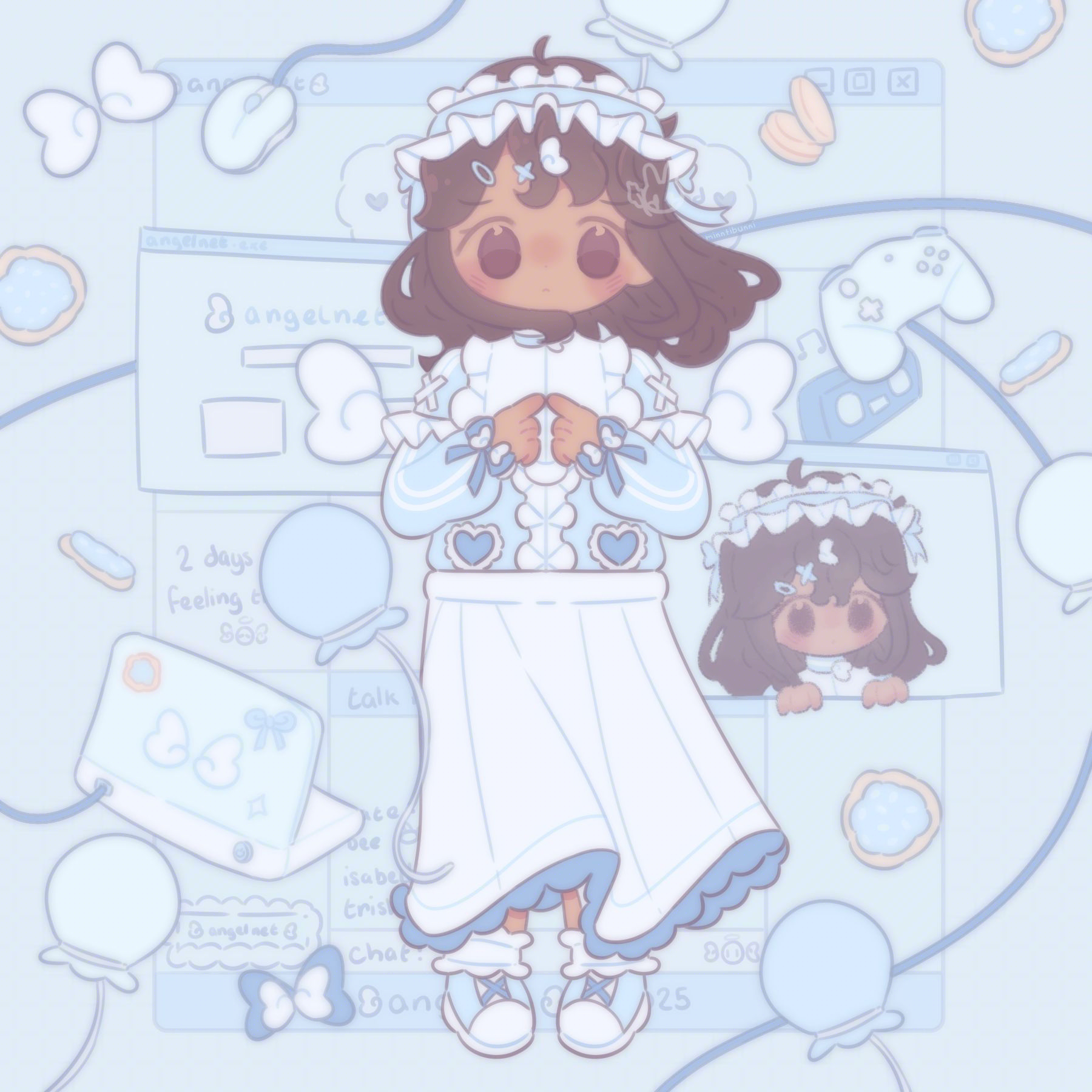 An illustration of a girl wearing tenshi kaiwai fashion. She is looking to the side and touching her index fingers together. Behind her is a website named 'angelnet'. There is also two digital windows behind her where there is a search engine and a chibi version of her. She is also surrounded by balloons, biscuits, a laptop, a mouse, a game controller, some coins and angel wings.