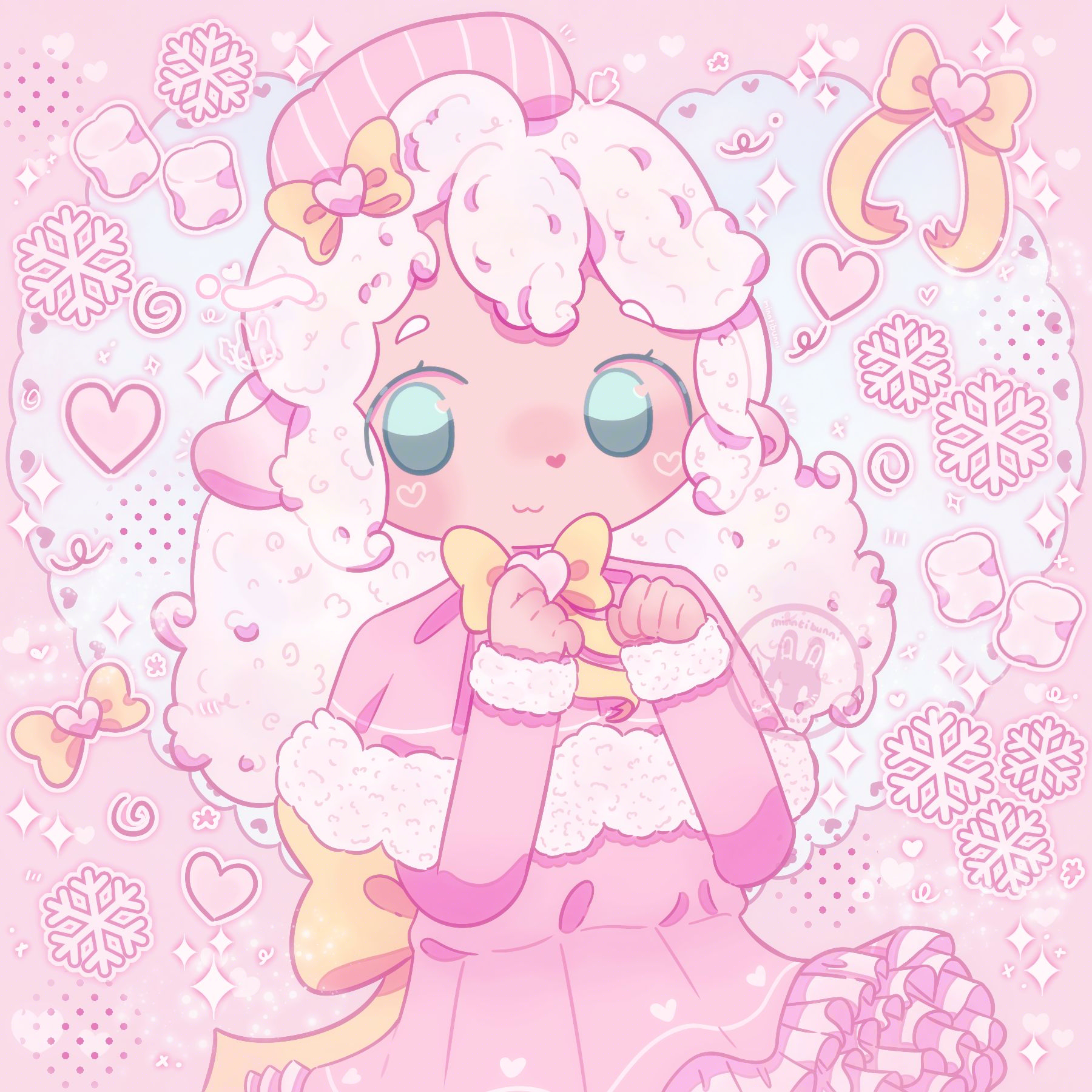 An illustration of a sheep character surrounded by snowflakes, marshmallows, bows and hearts. There are many sparkles and doodles around them.