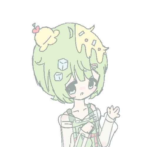An animated GIF of my melon soda themed original character drawn in a pixel style. He is waving his hand and is smiling.