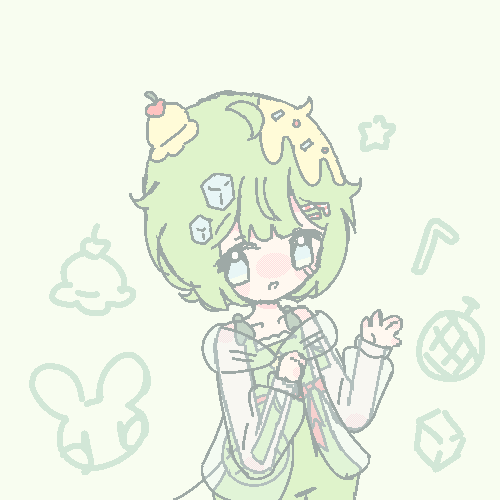 An animated GIF of my melon soda themed original character drawn in a pixel style. He is waving his hand and is smiling.