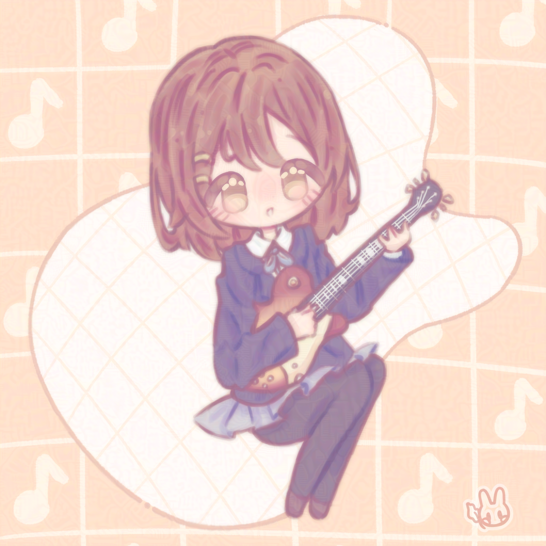 An illustration of Yui Hirasawa from K-ON! drawn in chibi style. She is sitting and playing her guitar.