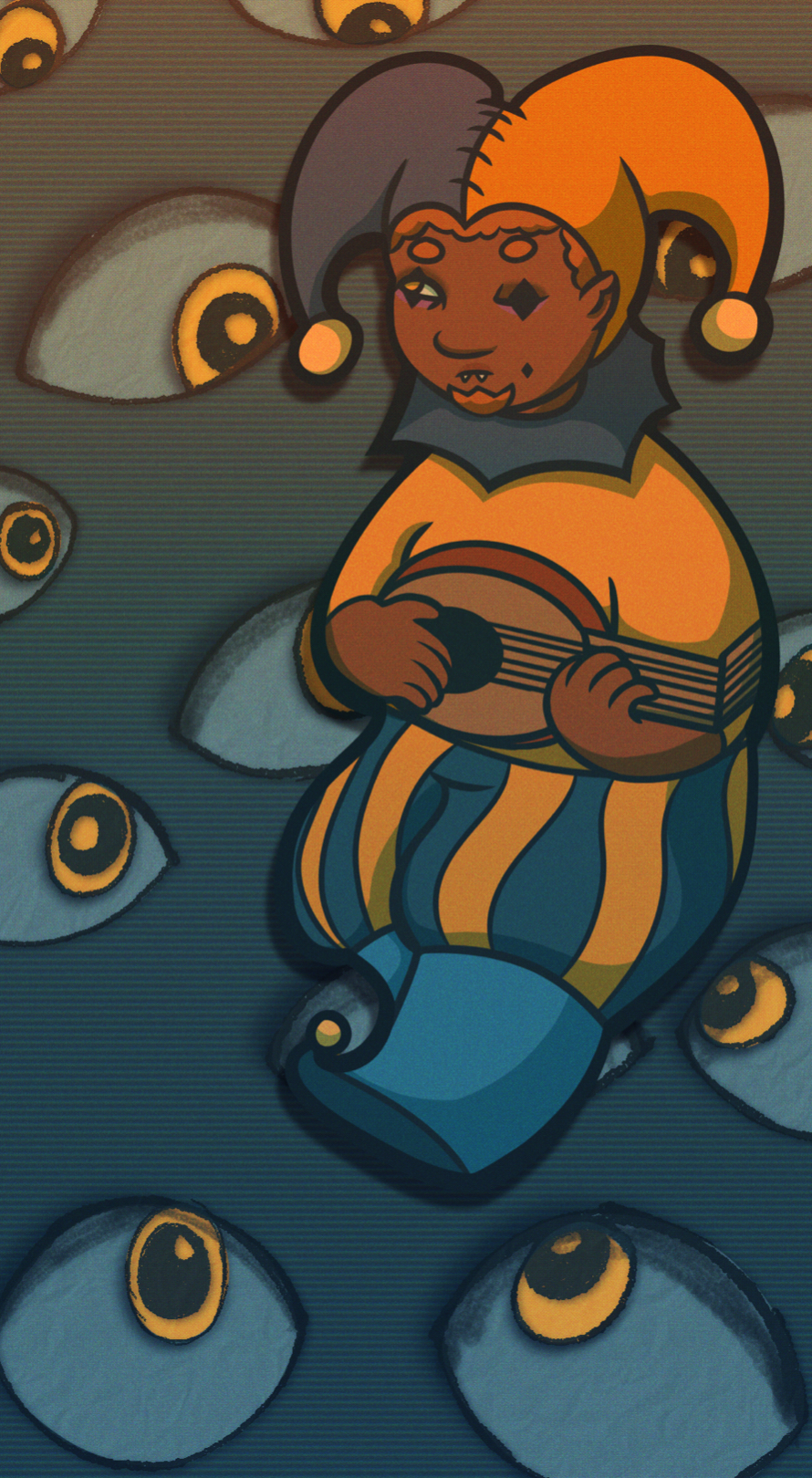 Clown falling in abyss filled with eyes