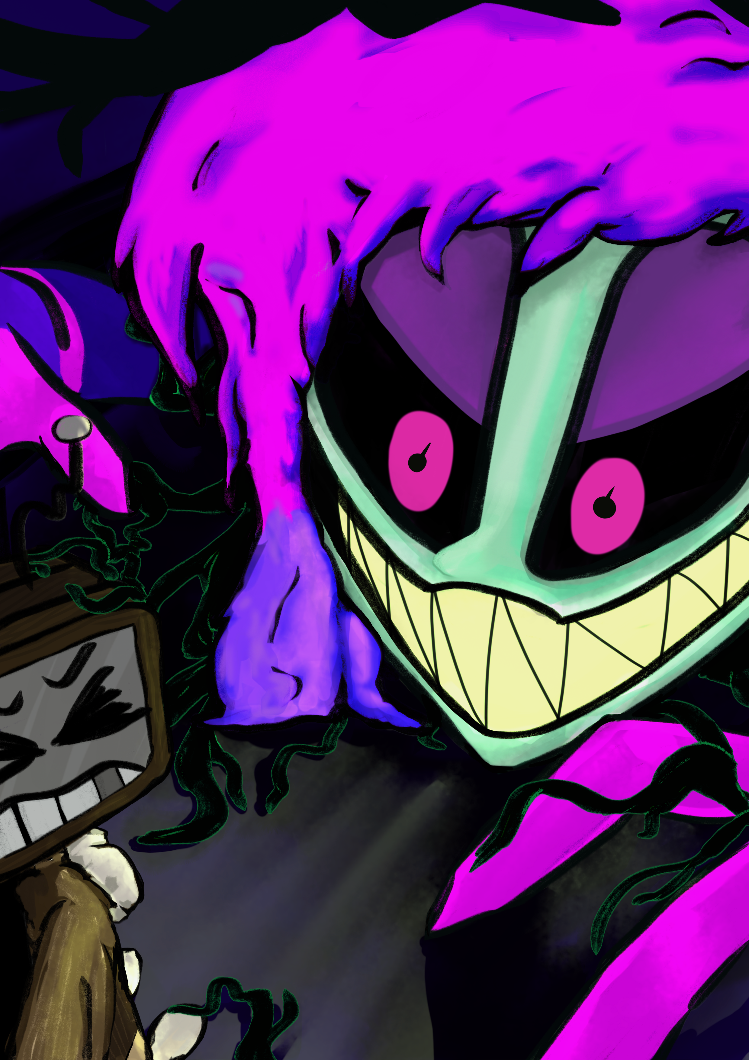 digital art featuring the neon palette Alastor's giant head looking at a frightened vox, vox is in his alleged concept art form