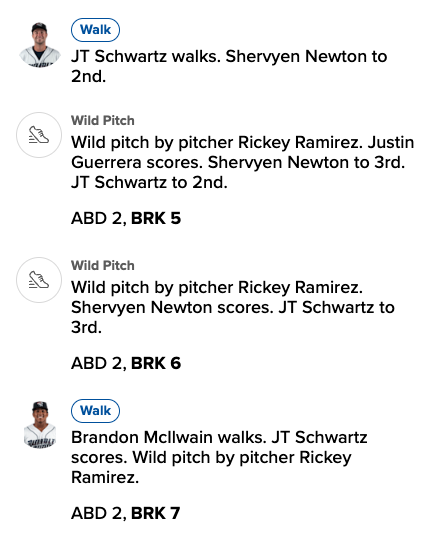 a boxscore from a minor baseball game that shows three straight wild pitches
