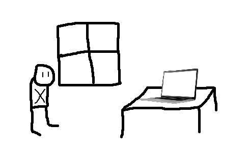 guy who kind of looks like a carapacian (not a carapacian!) standing in a room that has a window and a laptop on a table