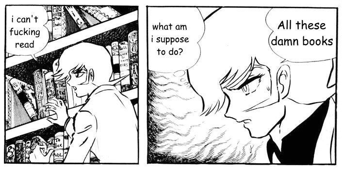 edited screenshot from the devilman manga where the guy is just saying how much he can't read