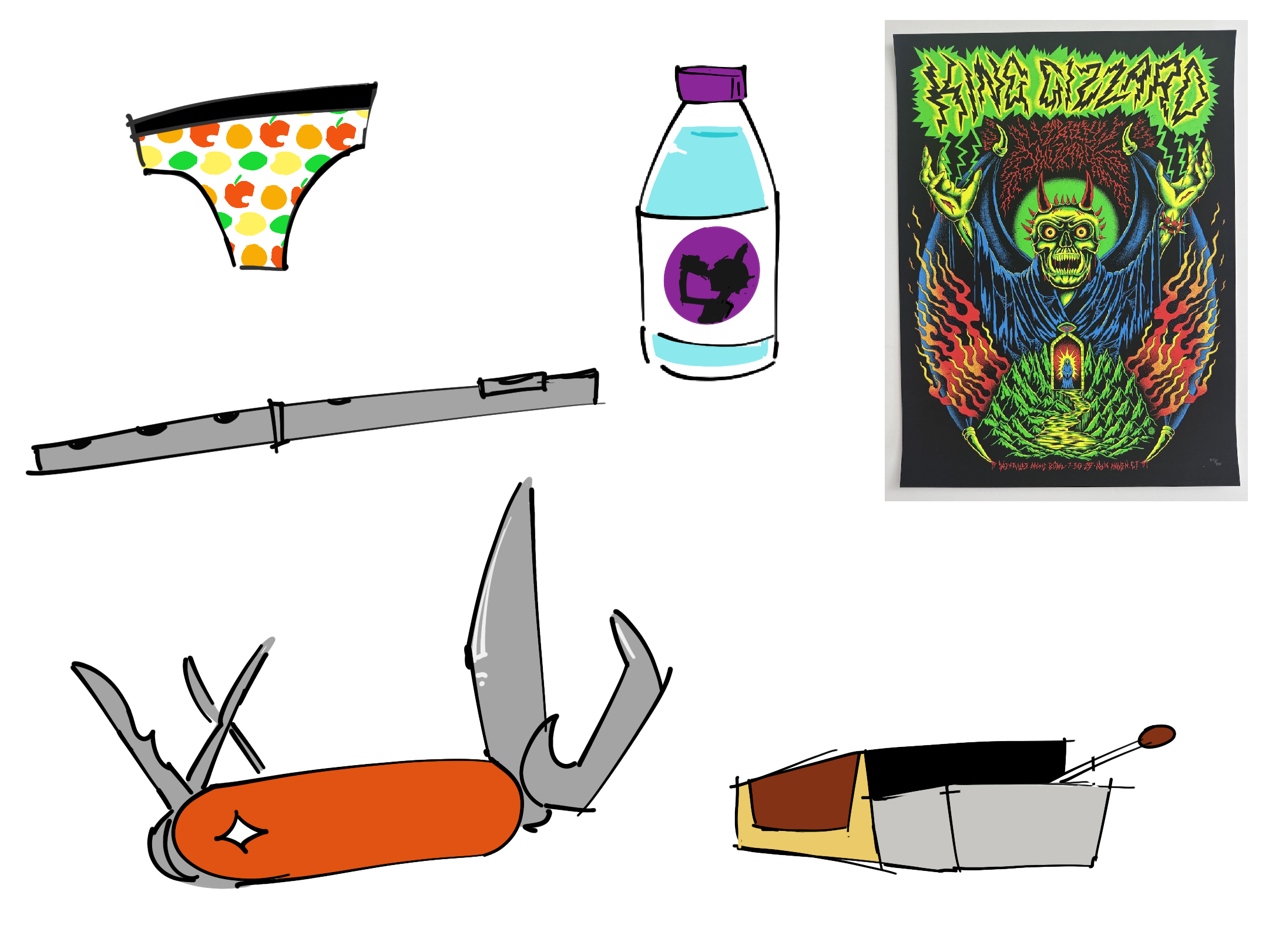 A drawing of the items described below