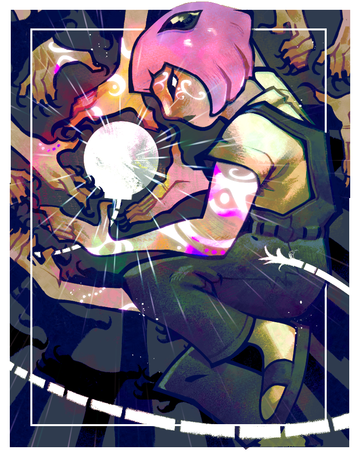 An illustration of Ly'lac of the Final Applause from Homestuck: Beyond Canon. Several hands stretch out from her and from off-screen to surround the radiant silhouette of a bomb.