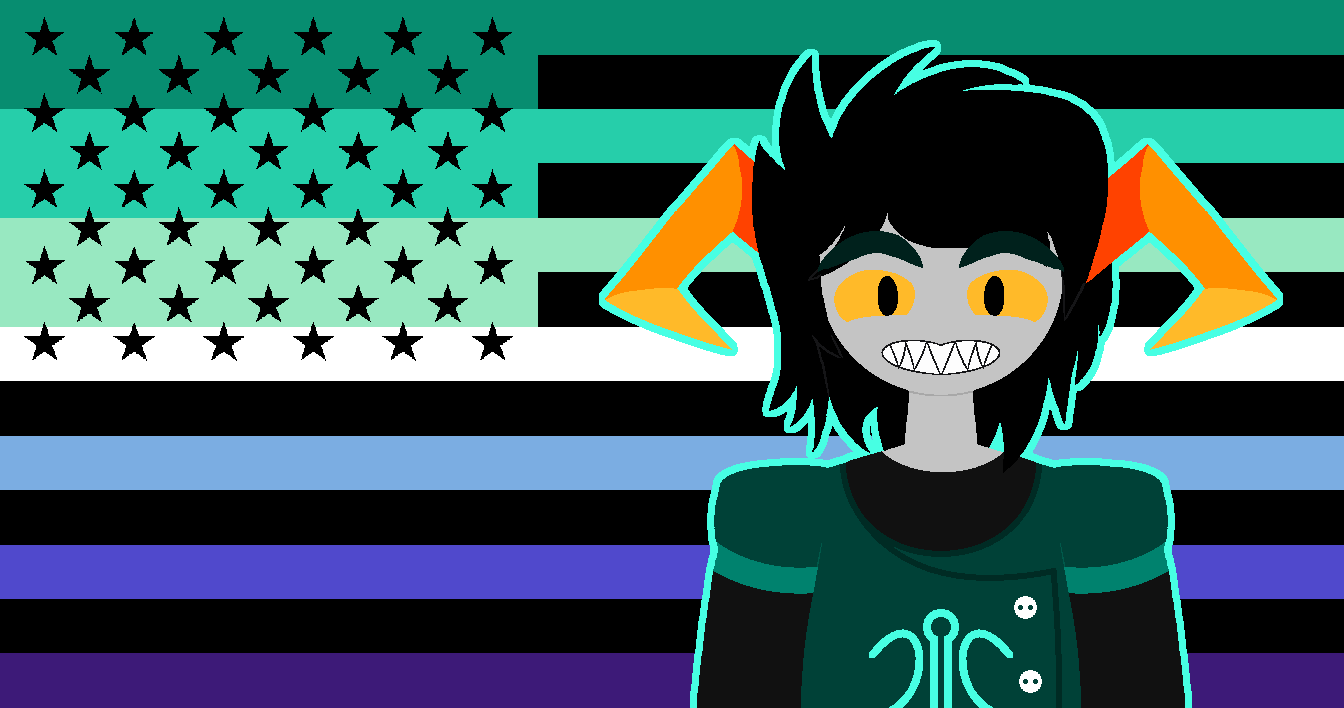 American flag with the white replaced with black and the rest colored like the MLM flag. My fantroll smiling at the viewer is in the empty space to the right of the stars.