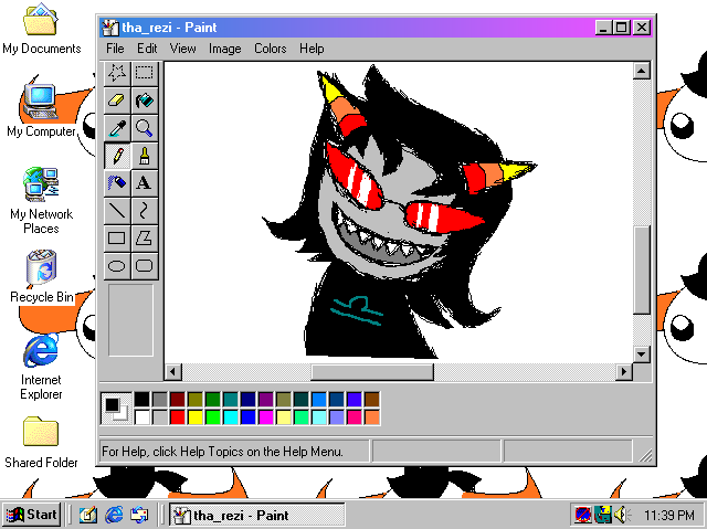 Messy drawing of Terezi Pyrope on MSpaint in a Windows 2000 virtual machine