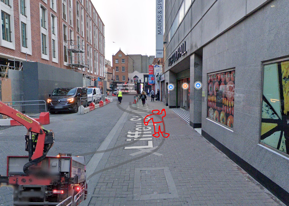 the camera is pulled back from the previous image. the construction machine in the background of the previous image has been poorly edited to look like it has run over the red stick figure.