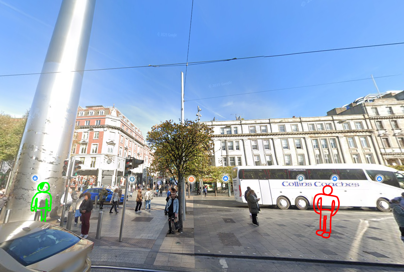 the poorly drawn red stick figure henceforth known as red guy is standing near the millennium spire in dublin. there are many people around, including a poorly drawn green stick figure with meat blumber's minimal approximation of what an emo hairstyle looks like. this green emo is smoking a marijuana cigarette.