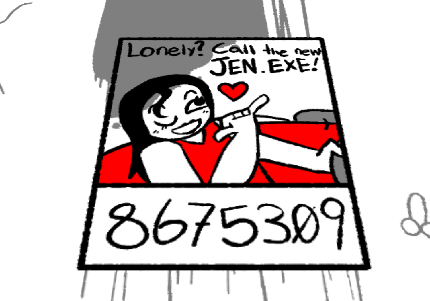 The JEN.EXE poster as viewed from a low angle.