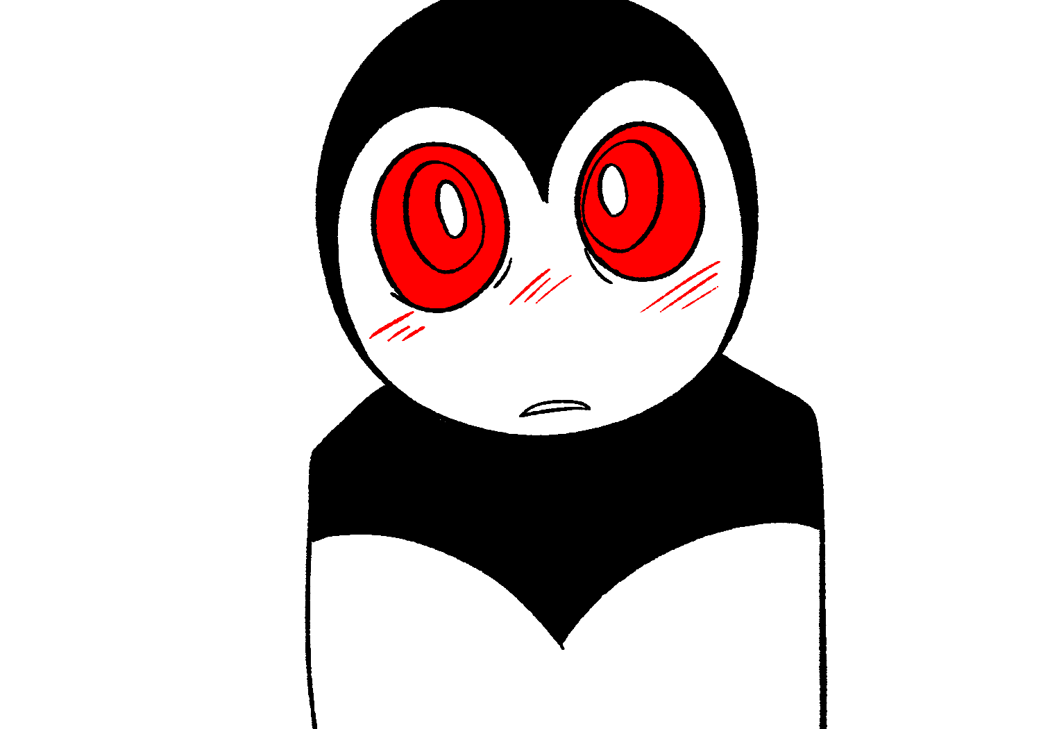 A lone shot of Alleycat looking up with wide eyes and a slightly open mouth, blush on its face.