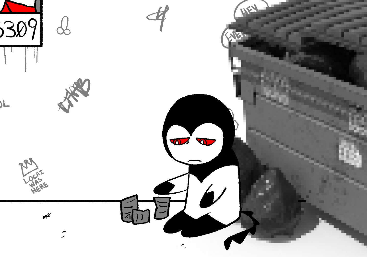 Alleycat sits on the ground next to three dented and unlabled cans. It looks unhappy.