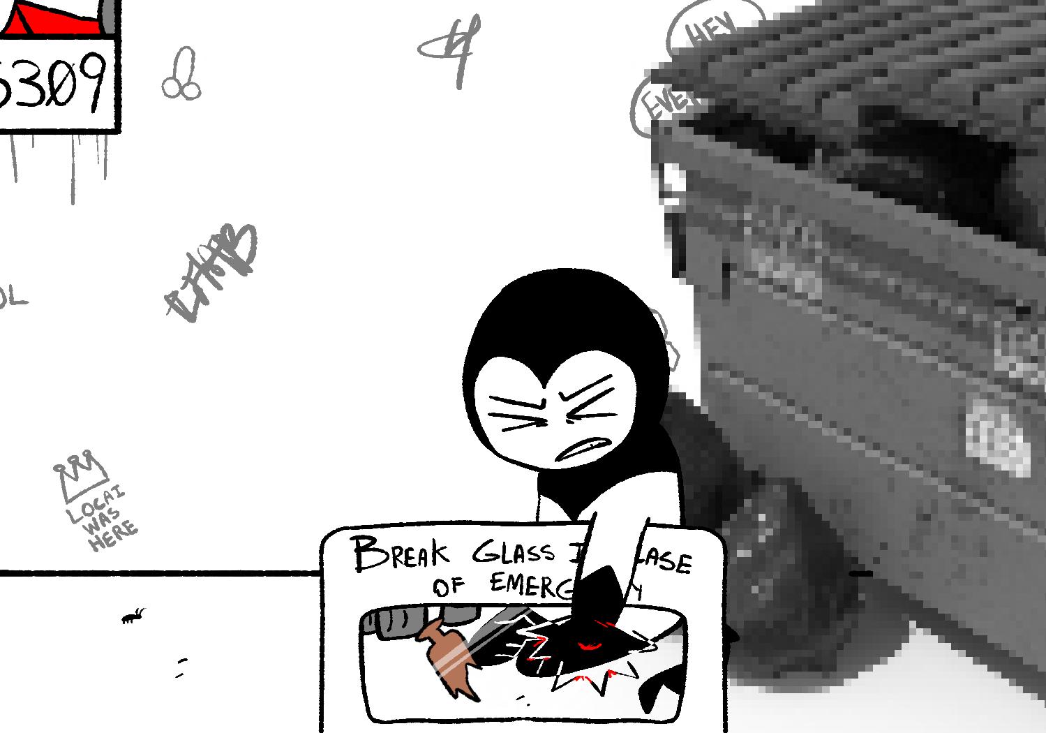Alleycat sticks its hand through the emergency glass and breaks it, grimacing as it gets cut and bleeds.