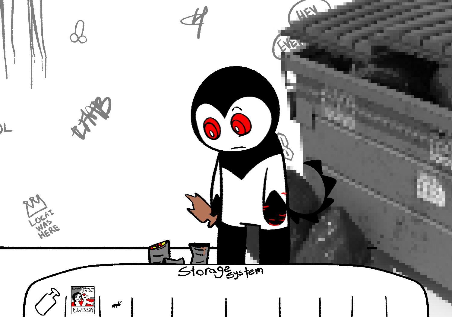 Alleycat finishes eating and looks back to the ground where the bug was with a raised eyebrow. The bug is now shown in the Storage System.