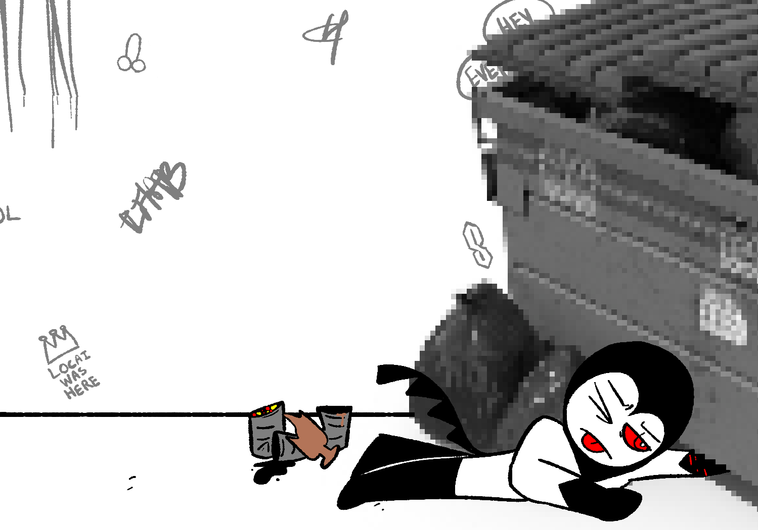 Alleycat lays on the ground and sticks its arm under the dumpster, broken glass resting against the cans on the ground. It seems to be straining.