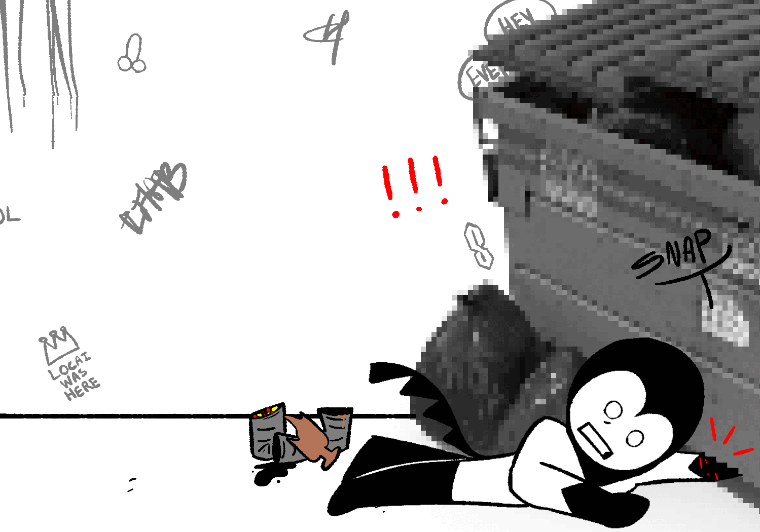 Alleycat jumps in alarm, then pulls back and sits up. A mouse trap is stuck on its arm. Cheese falls to the ground.