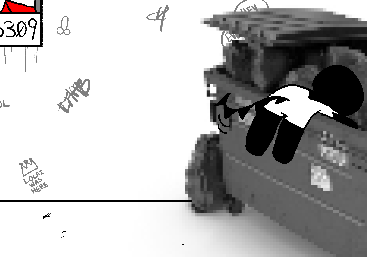 The menu is gone. Alleycat leans into the dumpster. Its legs are a ways off the ground, and its tail sways slightly.