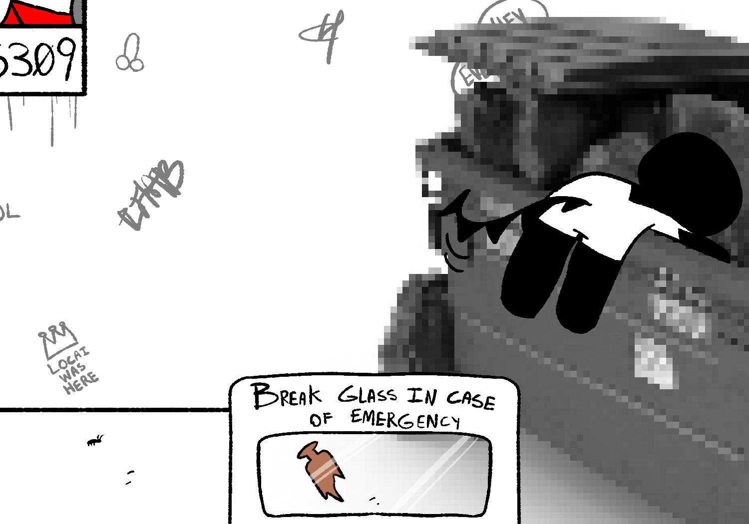 Alley Cat is still leaning over the bin. A menu that reads "BREAK GLASS IN CASE OF EMERGENCY" appears. The broken glass bottle is stored behind glass.