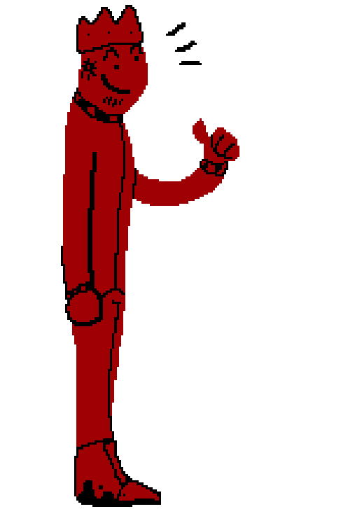 A red man in a crown with muddy boots and a bit of dirt on his smiling face. He's giving a thumbs up.