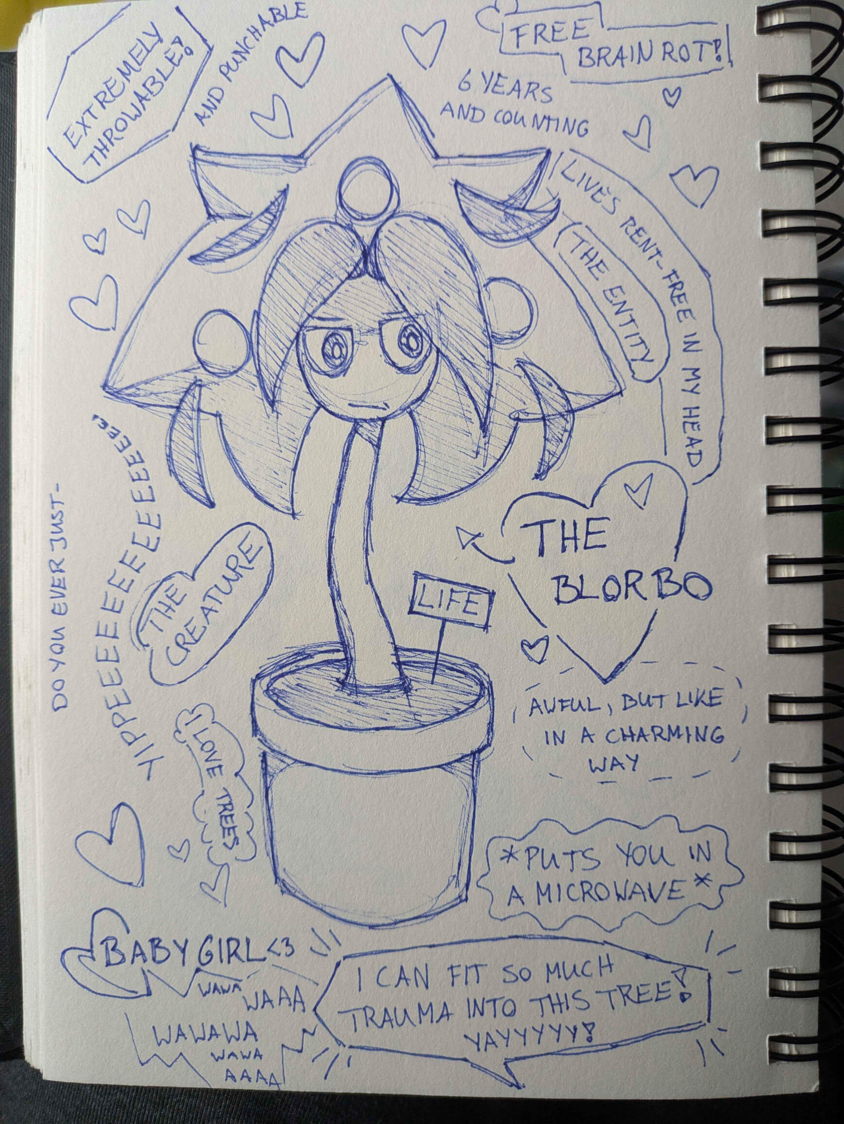 A sketchbook page featuring a ballpoint pen drawing of Life surrounded by writing that describes my feelings about them