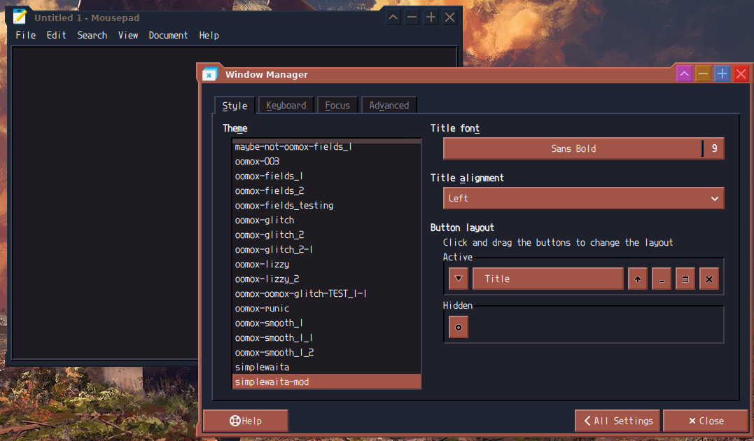 A notepad window and a settings selection; the window borders are mostly flat, with a ridge effect around the edges and a slight dip around the left, right, and top sides away from the corners.