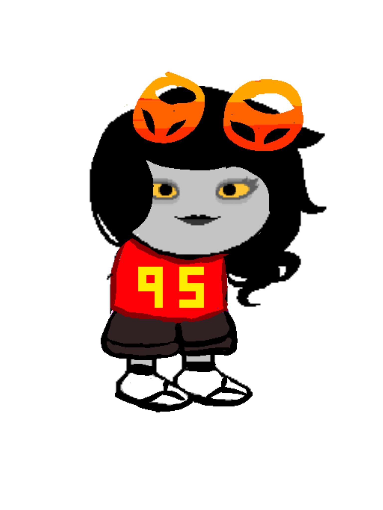 A fantroll with black hair and horns that look like wheels wearing a red and yellow shirt that says "95" shorts and flip flops with socks