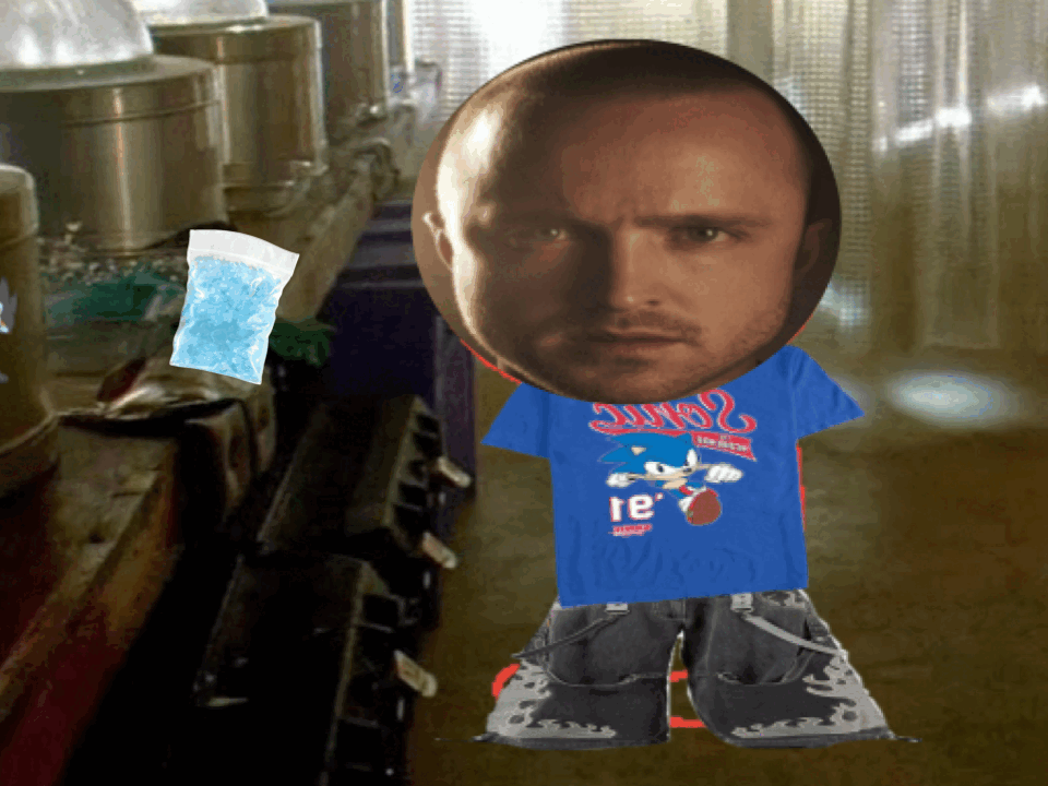 Jesse slowly hovers into the bag of blue meth, then his eyes are replaced with an image of a high person's red eyes.