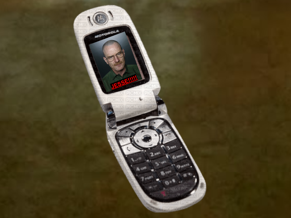Close-up of Jesse's WALTPHONE, a flip phone with a closeup of season Walter White and "JESSE!!!!" written underneath in bold, red letters.