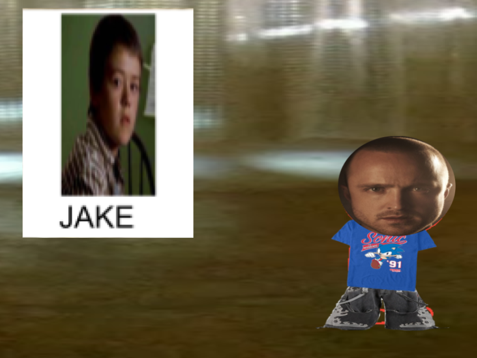 Jesse and a poster of his brother, "Jake" making a slightly concerned expression. "Jake" is written below him.