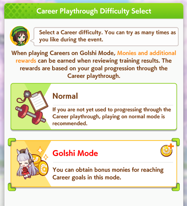 umamusume screenshot. career selection screen. there's a new "Golshi Mode"