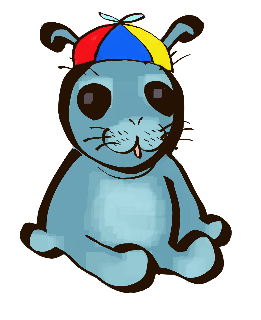 a seal gnorp thing with blue skin, a primary color propeller hat, and his tongue out