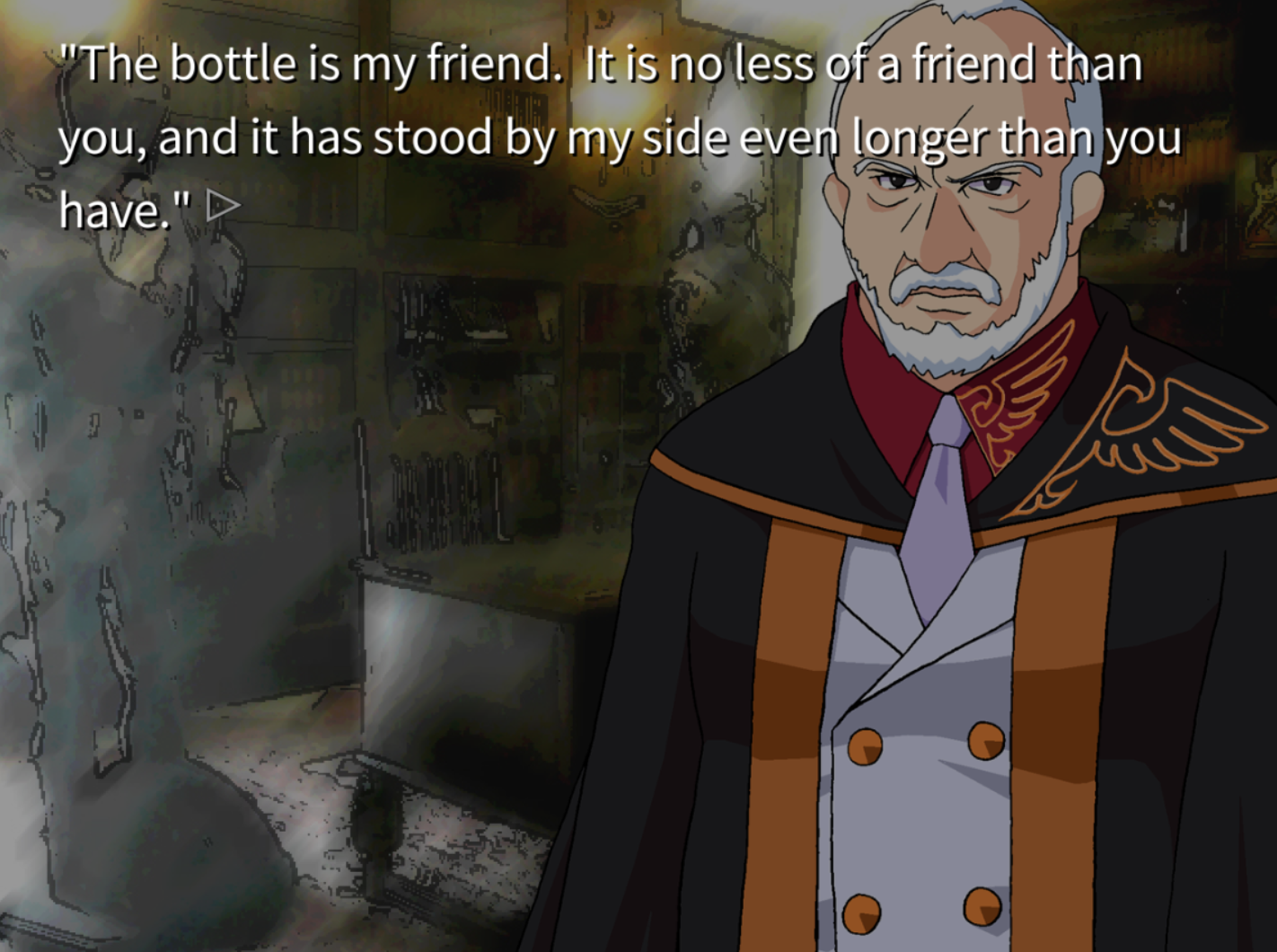 it's a screenshot of umineko: before they cry of kinzo, the family patriarch. he's standing in his study defending his alcoholism. it's from the first few seconds of gameplay.