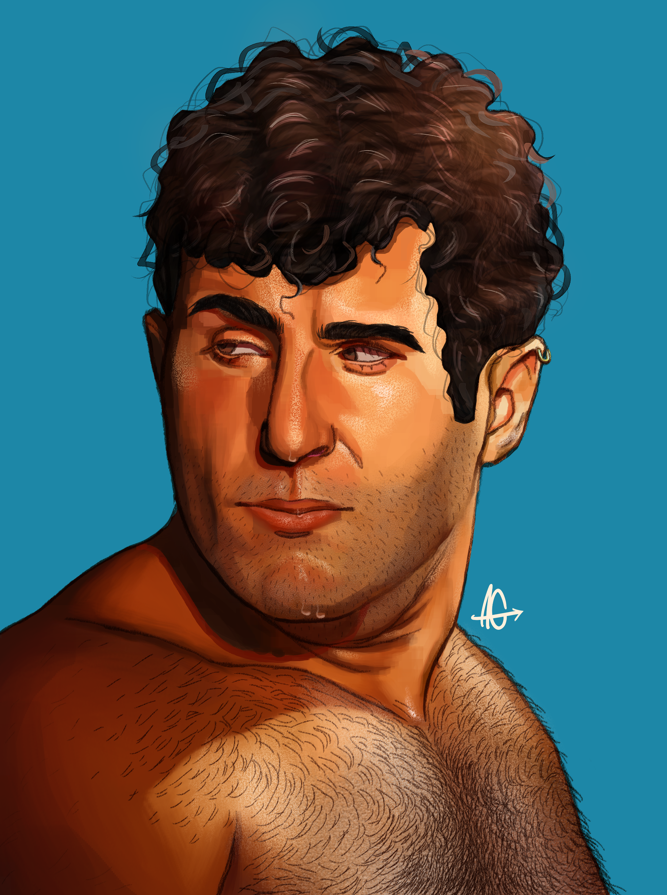 realistic painting of a man with dark curly hair that's a little greasy. he's raising his brow and staring away from the pov.