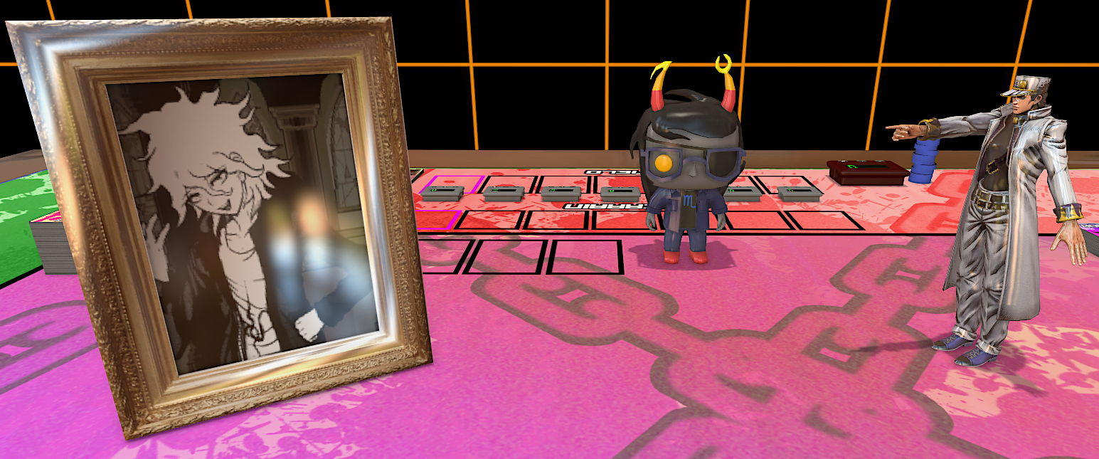 A picture of Nagito Komaeda (from Super Danganronpa 2), a FUNKO POP modelled after Vriska Serket, and a figurine of Jotaro Kujo from JoJo's Bizarre Adventure.