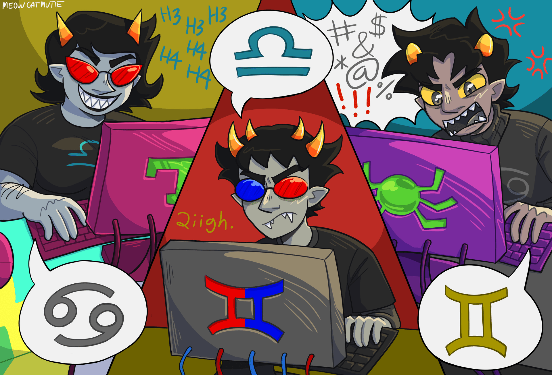 a drawing of terezi, sollux, and karkat pestering each other on their computers. terezi is laughing, sollux is sighing, and karkat is yelling swears