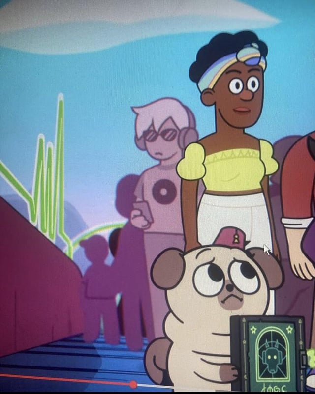 a screenshot from the cartoon dead end paranormal park. there's a character with a blonde side part, headphones, sunglasses, and a record on his shirt looking at his phone