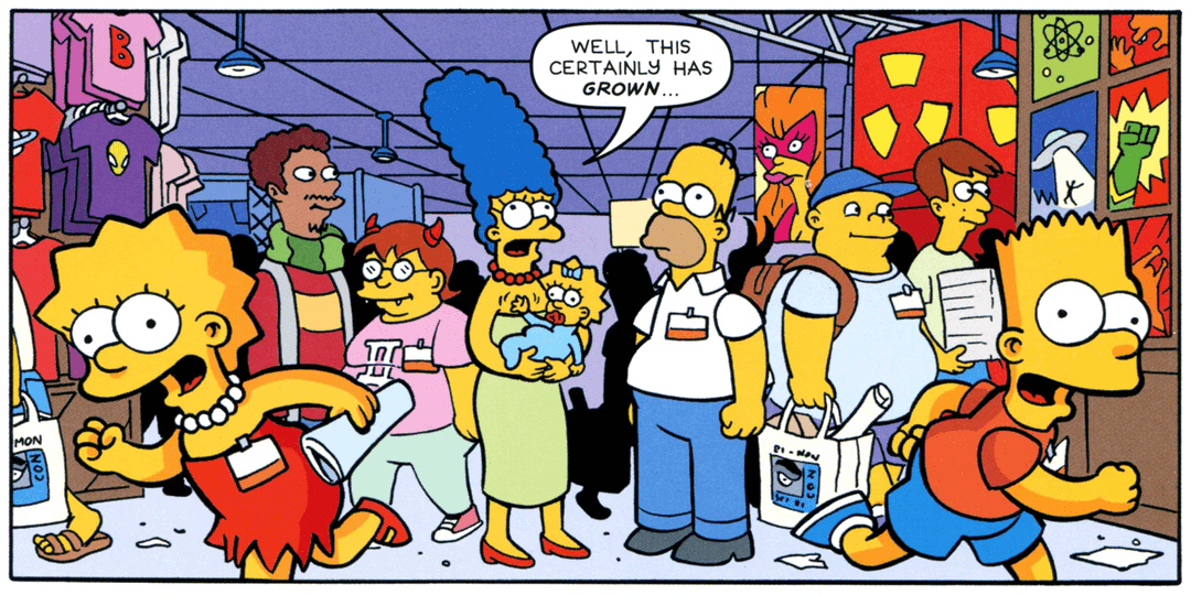 a simsons comic panel featuring a comic convention. one of the cosplayers is sollux, but their shirt is pink and their glasses are white
